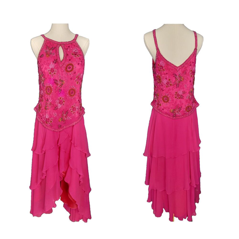 Scala Dress XXL *Runs Small* Pink Silk Beaded Gown Halter Ruffle Y2K Gala